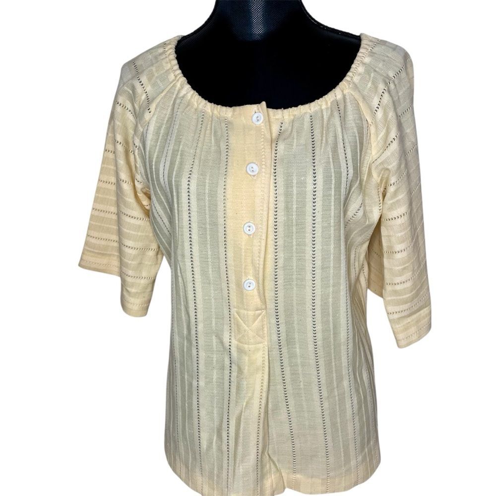 Miss Charm Blouse Vintage Pointelle Ribbed Button Front Yellow Cream Size Large